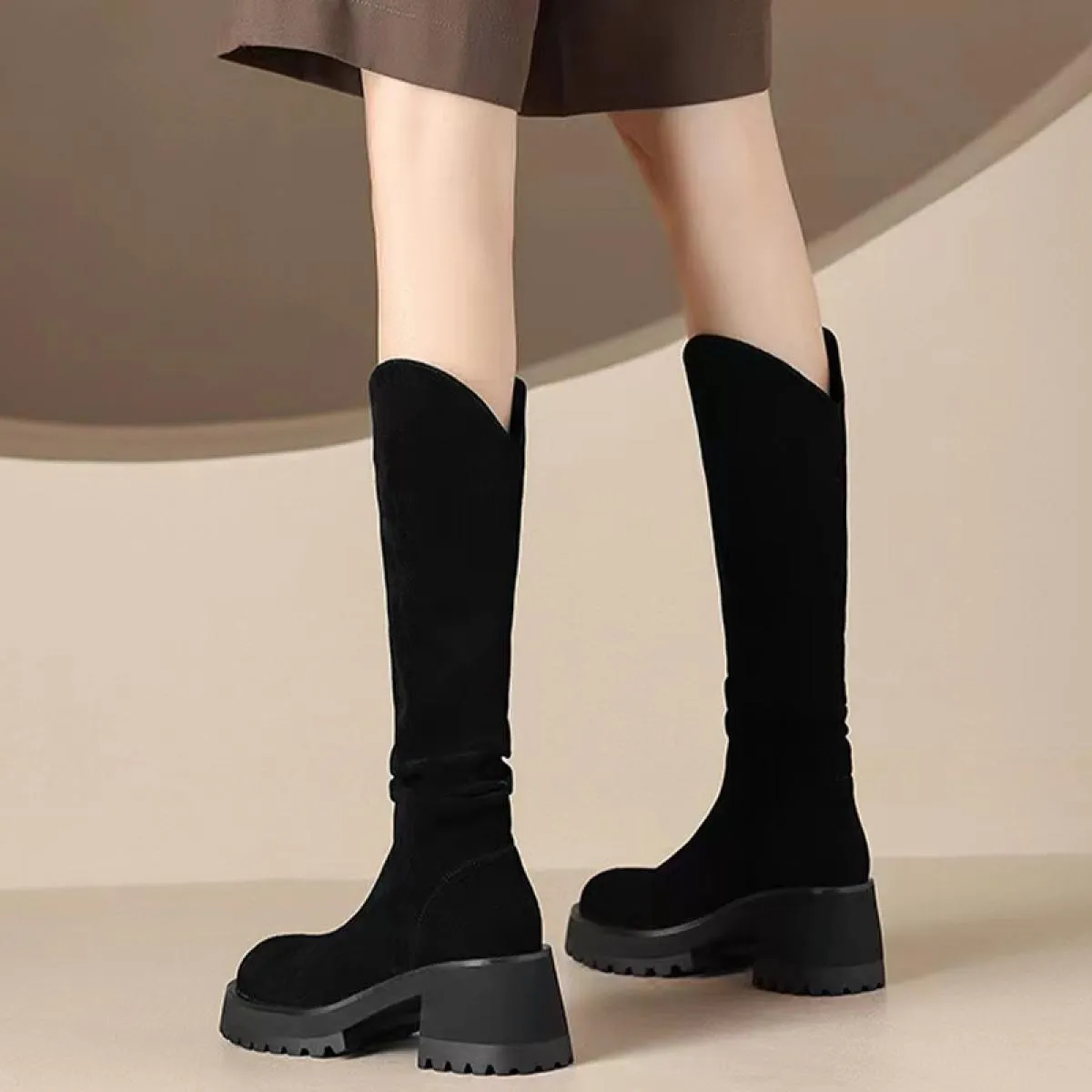 Stivali Chelsea alti al ginocchio da donna Scarpe con tacco medio in pelle scamosciata spessa Nuova tendenza 2023 Stivali da mot