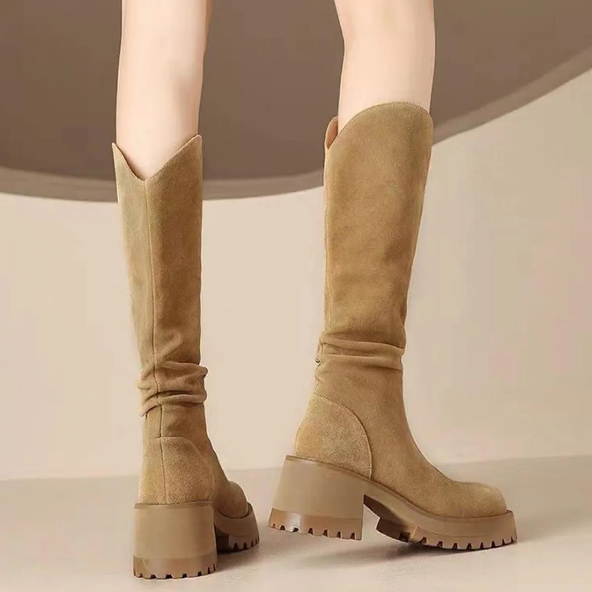 Stivali Chelsea alti al ginocchio da donna Scarpe con tacco medio in pelle scamosciata spessa Nuova tendenza 2023 Stivali da mot