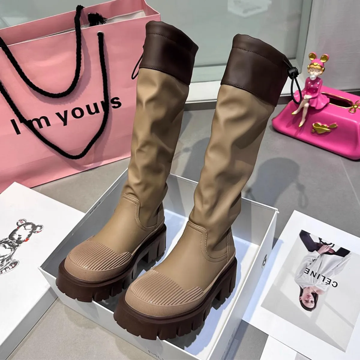 Stivali Chelsea alti al ginocchio invernali scarpe con plateau da donna tacco medio nuova tendenza 2023 stivali da moto Fad Snow