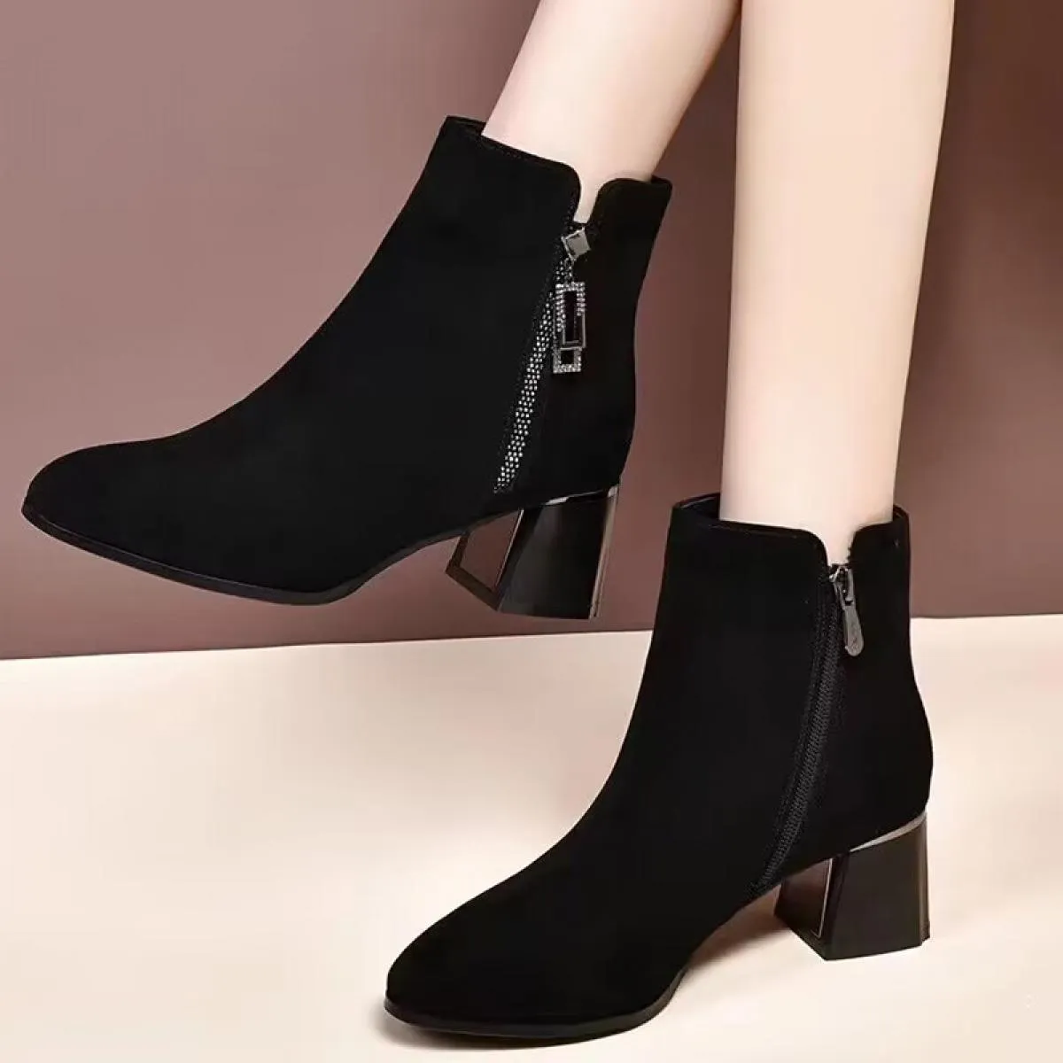 Stivali Chelsea con tacco medio alla caviglia da donna Stivali invernali in pelle scamosciata caldi e robusti 2023 Stivali con p