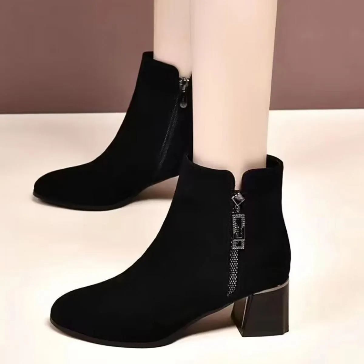Stivali Chelsea con tacco medio alla caviglia da donna Stivali invernali in pelle scamosciata caldi e robusti 2023 Stivali con p