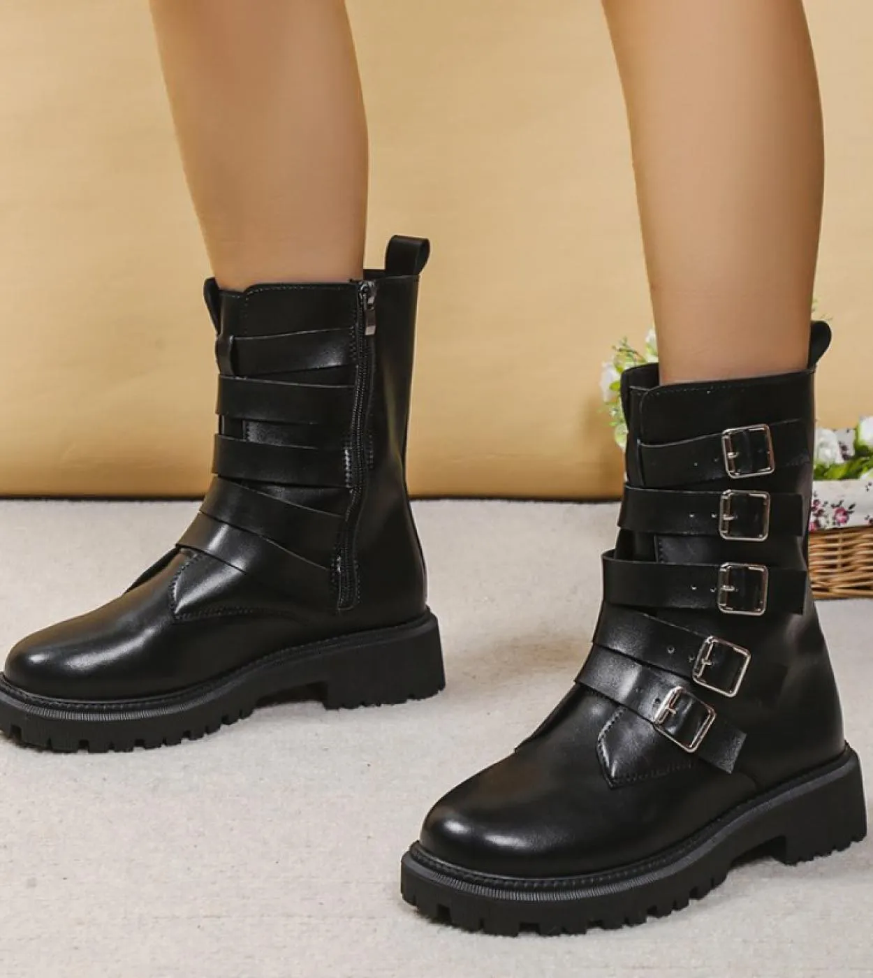 Stivali da donna a metà polpaccio Stivali autunno inverno Moda donna Punta tonda da donna Chelsea Zipper Botas Mujer Platform He