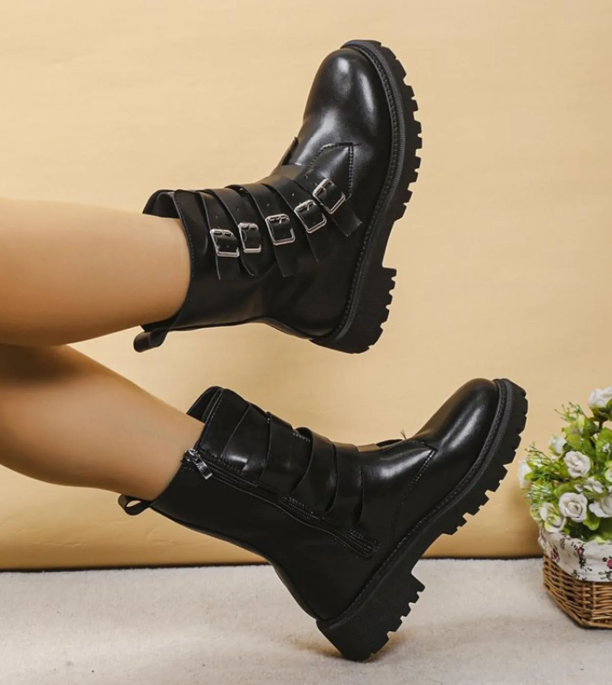 Stivali da donna a metà polpaccio Stivali autunno inverno Moda donna Punta tonda da donna Chelsea Zipper Botas Mujer Platform He