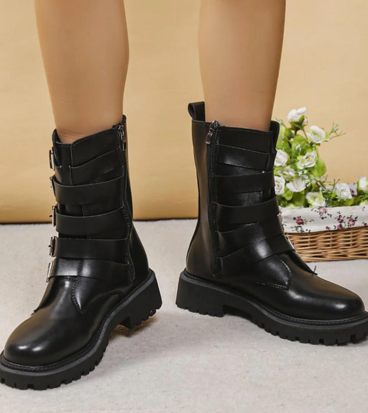 Stivali da donna a metà polpaccio Stivali autunno inverno Moda donna Punta tonda da donna Chelsea Zipper Botas Mujer Platform He