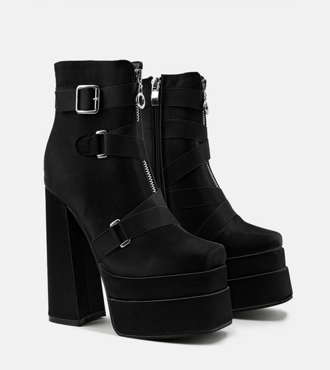 Stivali da moto da donna con zeppa con plateau e tacco ultra alto da 14 cm Stivaletti robusti punk gotici in raso moda autunno i