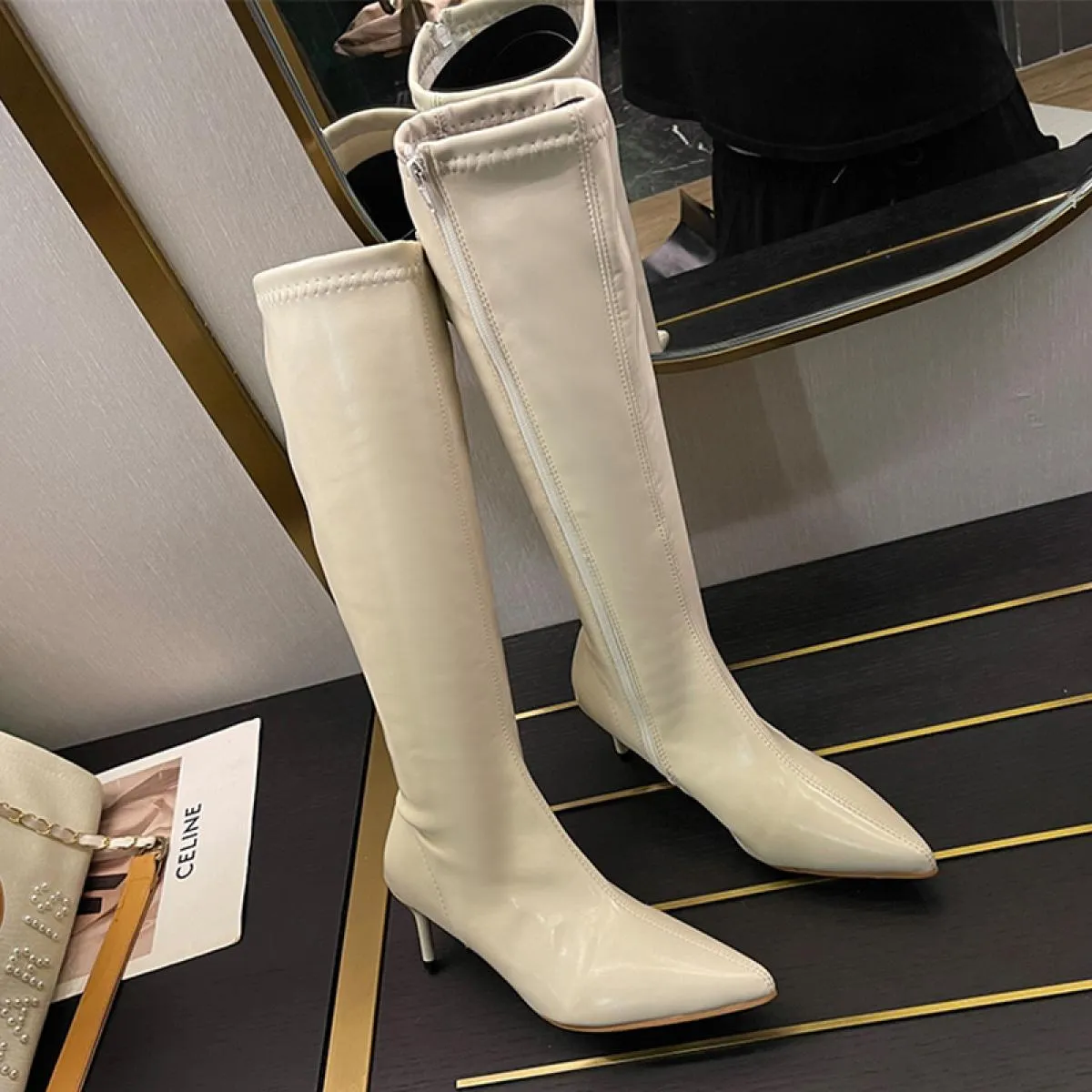 Stivali invernali da moto alti al ginocchio Stivali Chelsea da donna Scarpe con tacco alto Moda 2023 Nuovi stivali gladiatore pu