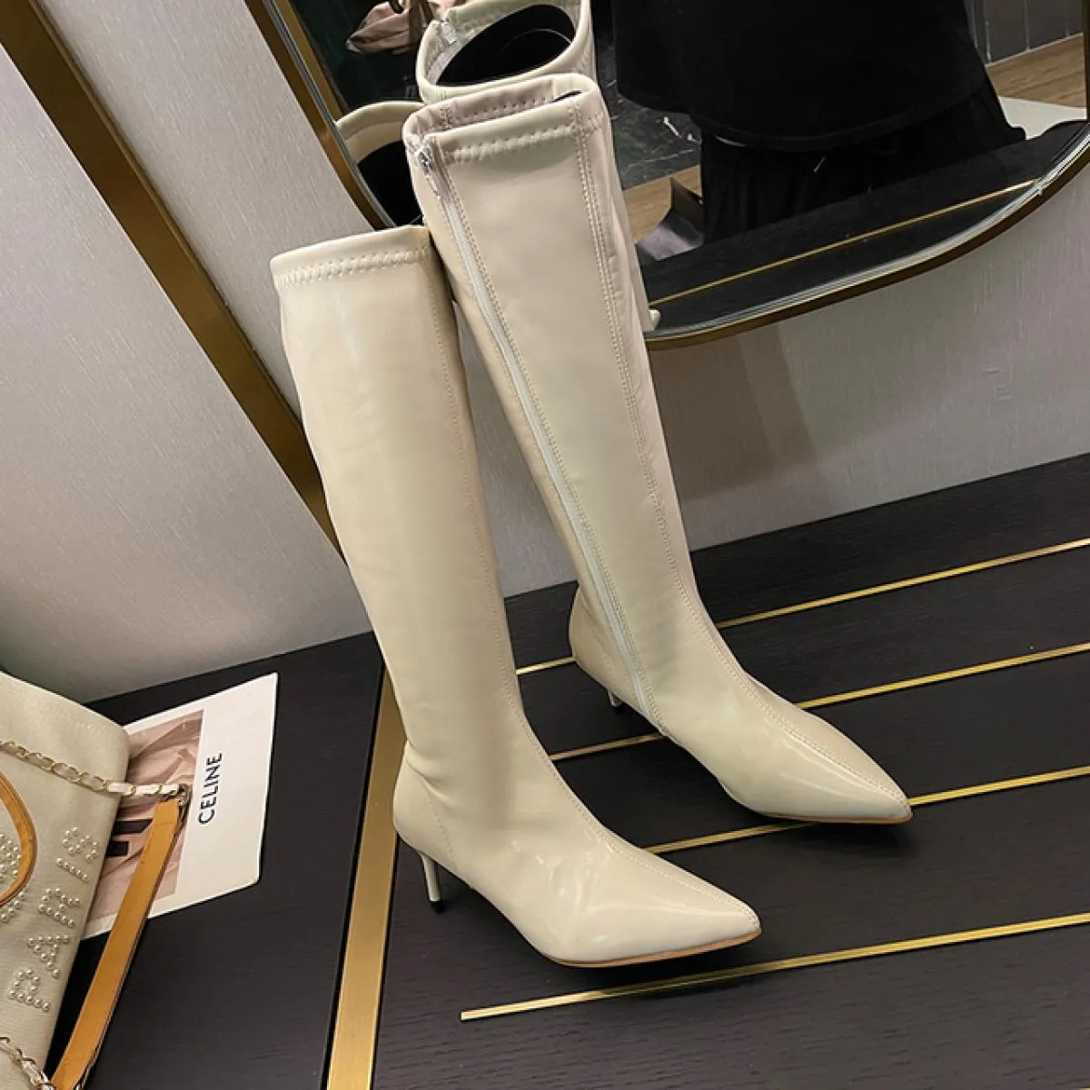 Stivali invernali da moto alti al ginocchio Stivali Chelsea da donna Scarpe con tacco alto Moda 2023 Nuovi stivali gladiatore pu
