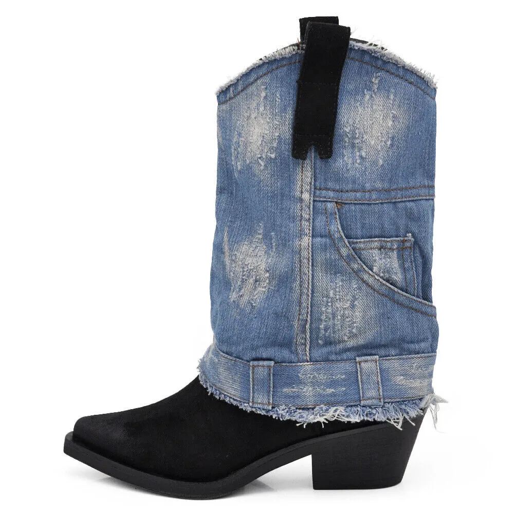 Stivali Texani Arricciati Da Donna A Punta Con Tacco Ghetta Risvolto Jeans 6657