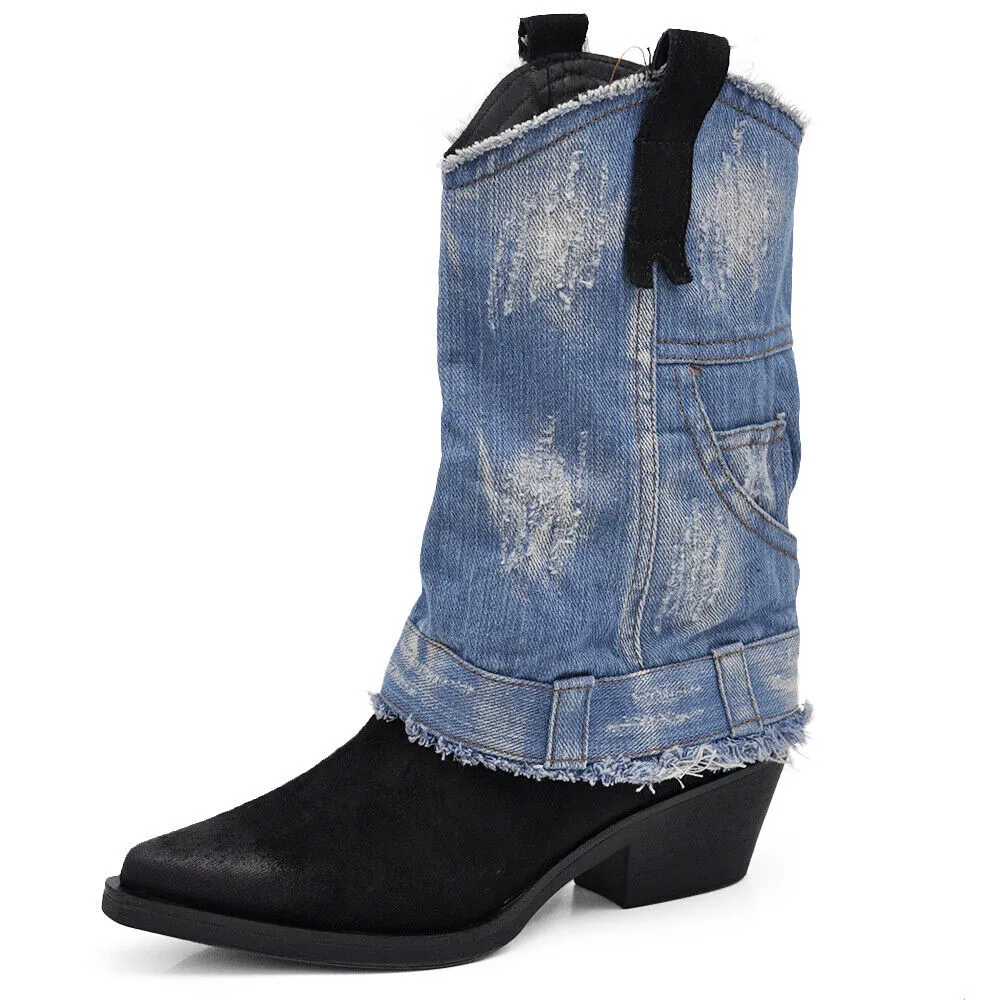 Stivali Texani Arricciati Da Donna A Punta Con Tacco Ghetta Risvolto Jeans 6657