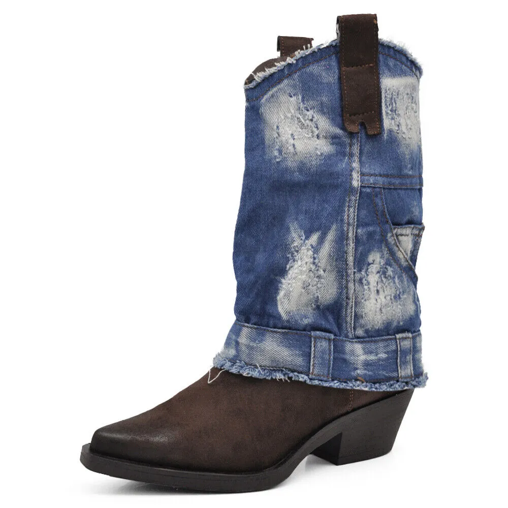 Stivali Texani Arricciati Da Donna A Punta Con Tacco Ghetta Risvolto Jeans 6657