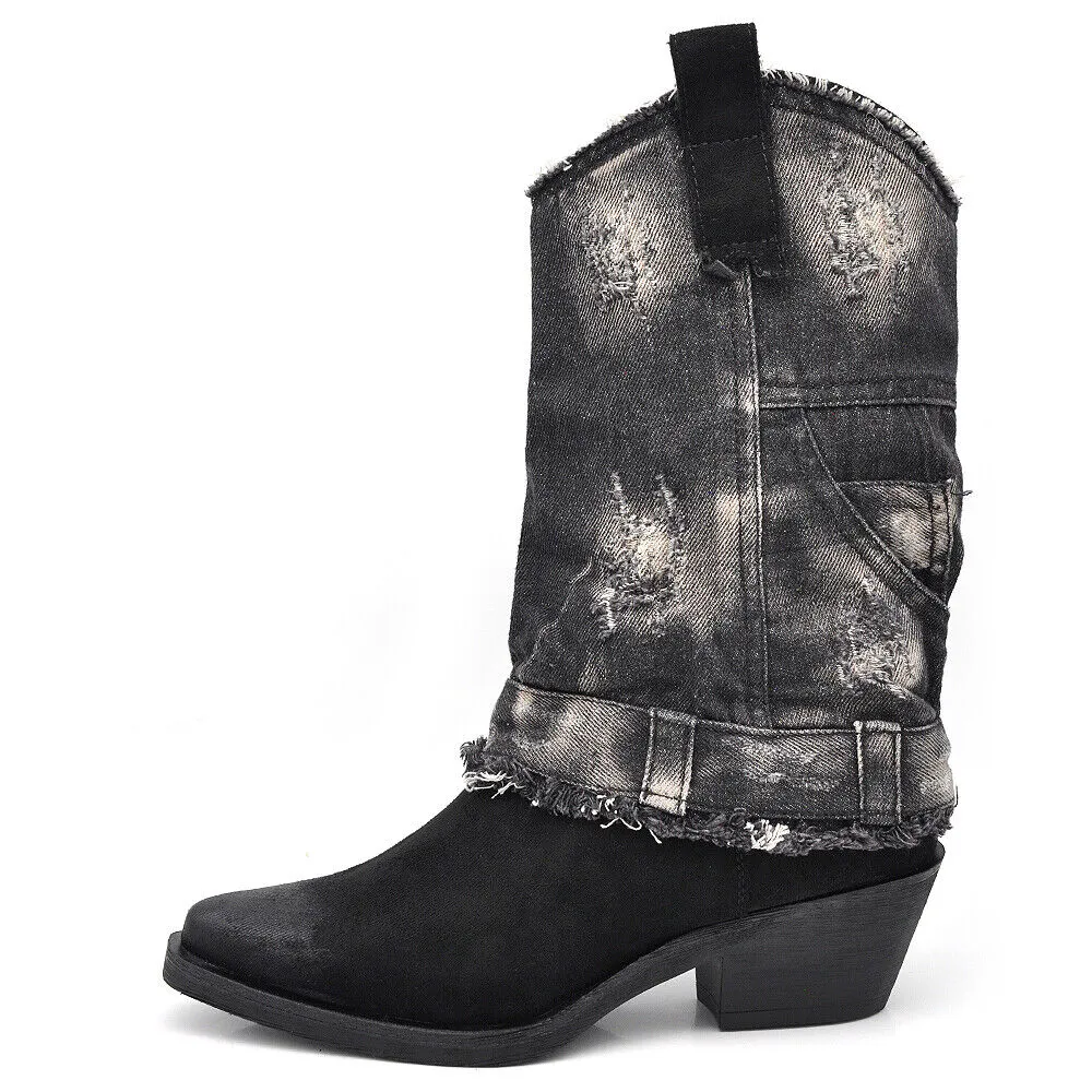 Stivali Texani Arricciati Da Donna A Punta Con Tacco Ghetta Risvolto Jeans 6657