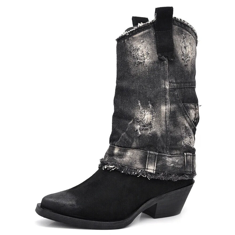 Stivali Texani Arricciati Da Donna A Punta Con Tacco Ghetta Risvolto Jeans 6657