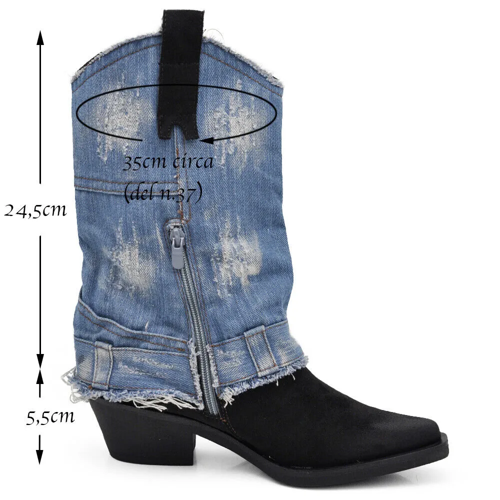 Stivali Texani Arricciati Da Donna A Punta Con Tacco Ghetta Risvolto Jeans 6657