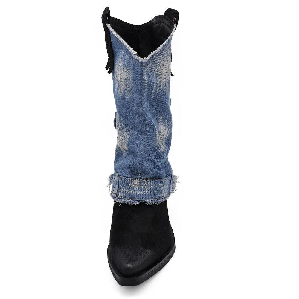 Stivali Texani Arricciati Da Donna A Punta Con Tacco Ghetta Risvolto Jeans 6657