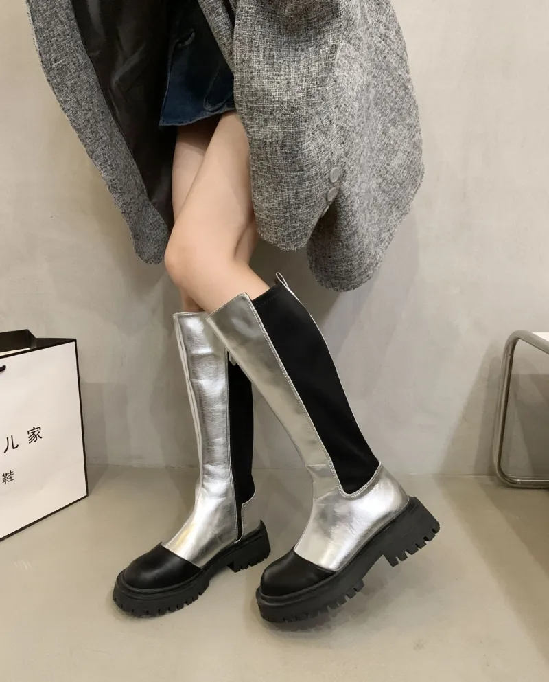 Style Color-blocked Chelsea Boots, No More Than Knee Boots, Thick Heel High Boots, Autumn And Summer New Long Boots For