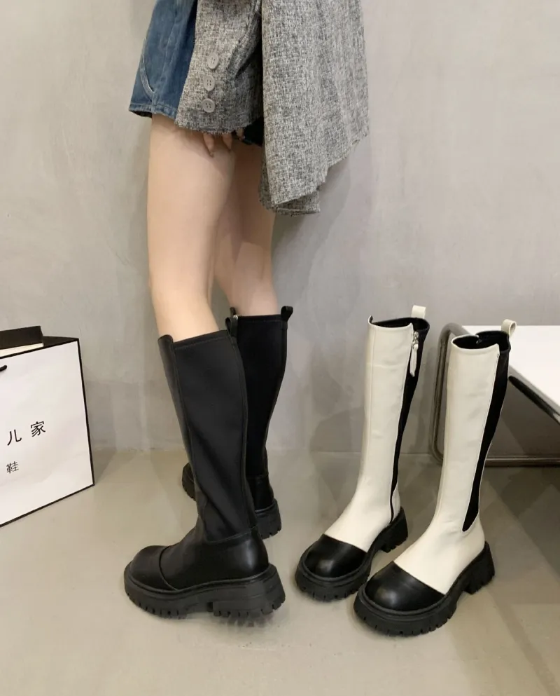 Style Color-blocked Chelsea Boots, No More Than Knee Boots, Thick Heel High Boots, Autumn And Summer New Long Boots For