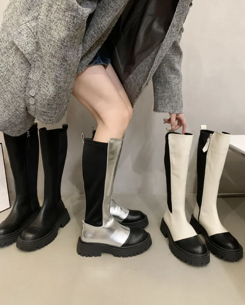 Style Color-blocked Chelsea Boots, No More Than Knee Boots, Thick Heel High Boots, Autumn And Summer New Long Boots For