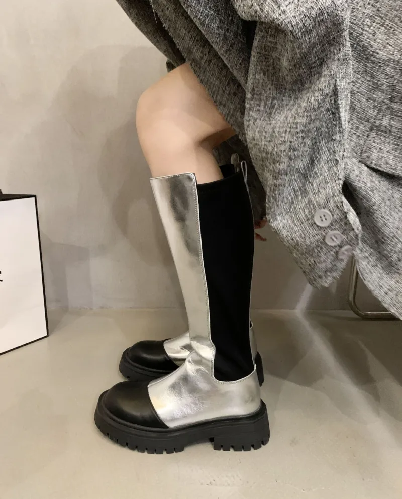 Style Color-blocked Chelsea Boots, No More Than Knee Boots, Thick Heel High Boots, Autumn And Summer New Long Boots For