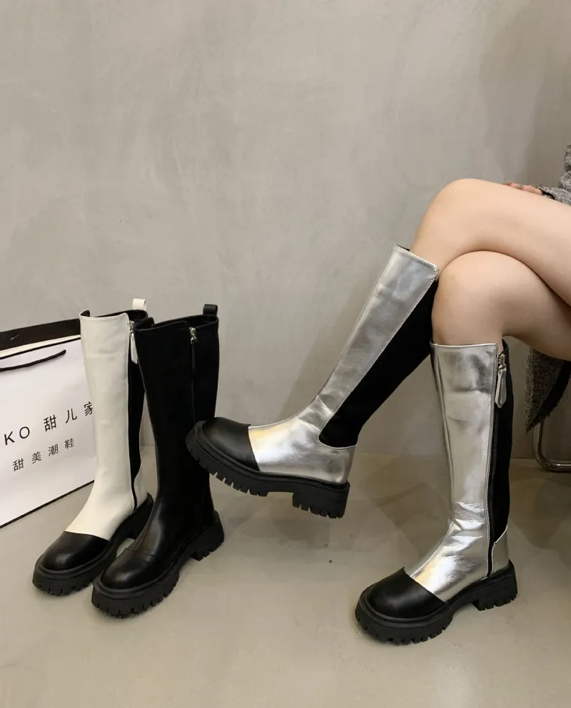 Style Color-blocked Chelsea Boots, No More Than Knee Boots, Thick Heel High Boots, Autumn And Summer New Long Boots For