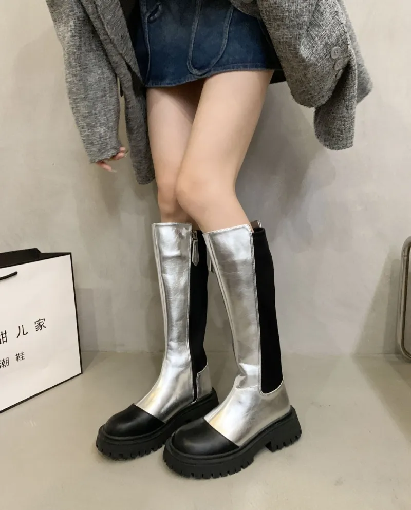 Style Color-blocked Chelsea Boots, No More Than Knee Boots, Thick Heel High Boots, Autumn And Summer New Long Boots For