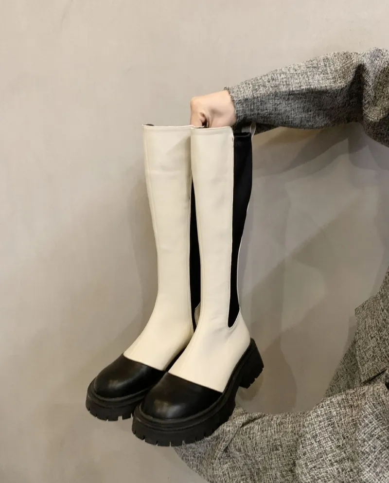 Style Color-blocked Chelsea Boots, No More Than Knee Boots, Thick Heel High Boots, Autumn And Summer New Long Boots For