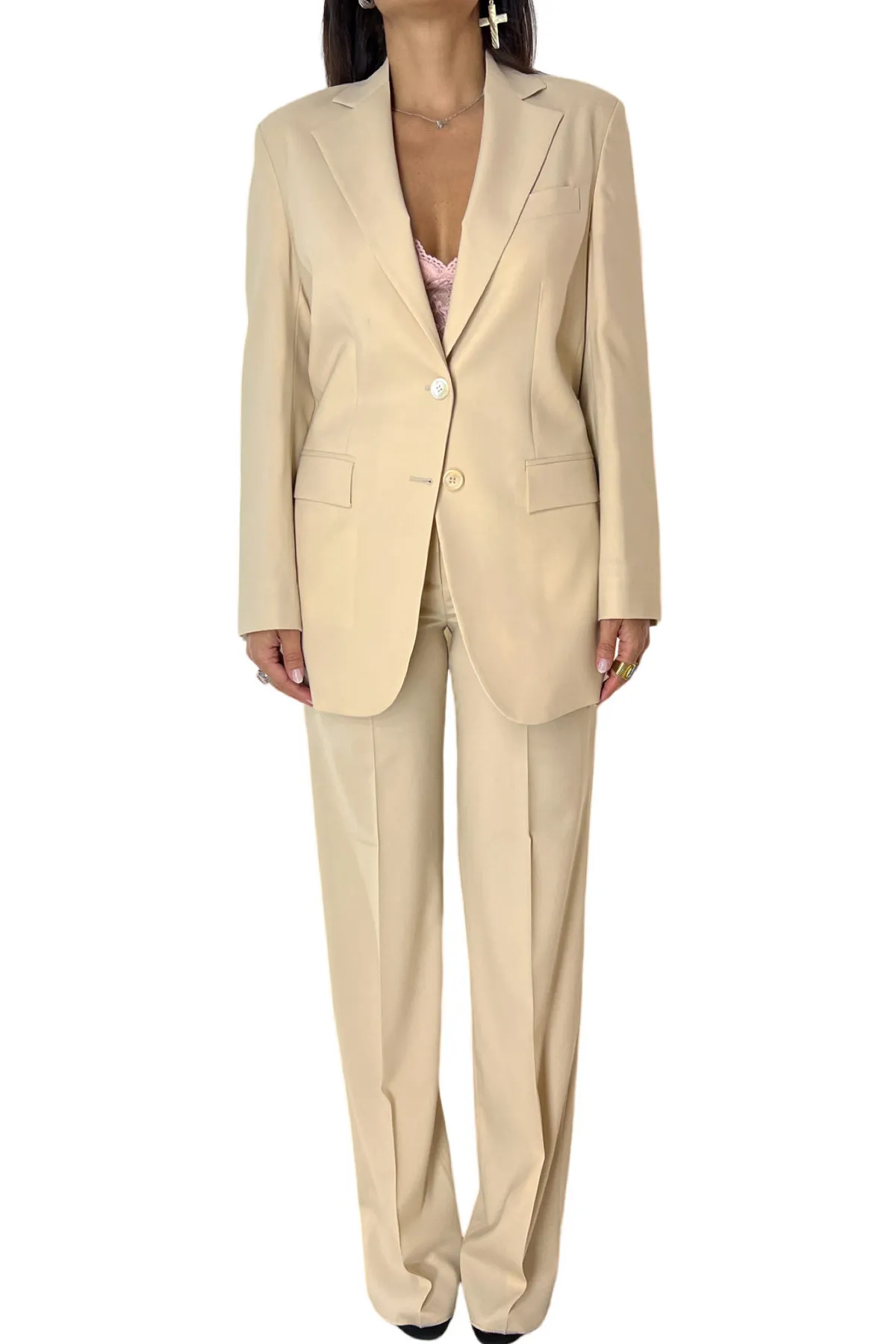 Tailleur donna Beige oversize in tessuto Holland & Sherry 98 % Lana Super 100’s 2% Lycra