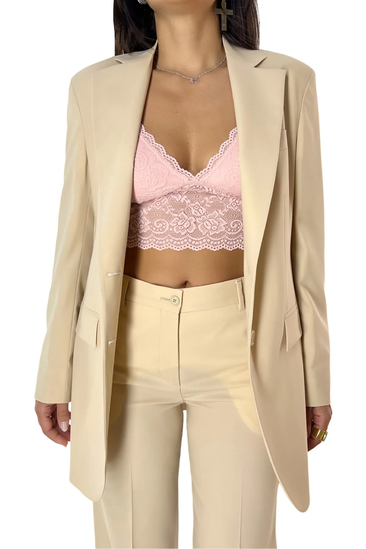 Tailleur donna Beige oversize in tessuto Holland & Sherry 98 % Lana Super 100’s 2% Lycra