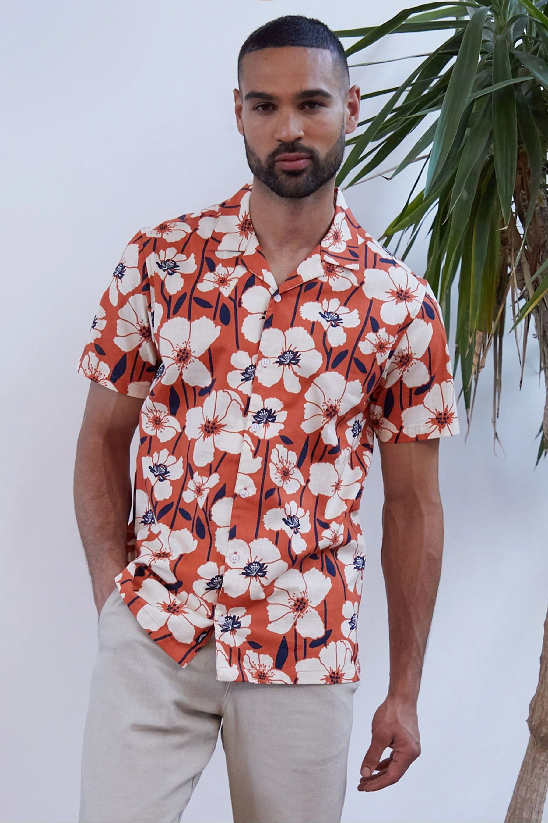 Threadbare 100% Cotone Maniche corte Camicia in Misto Lino a Righe    