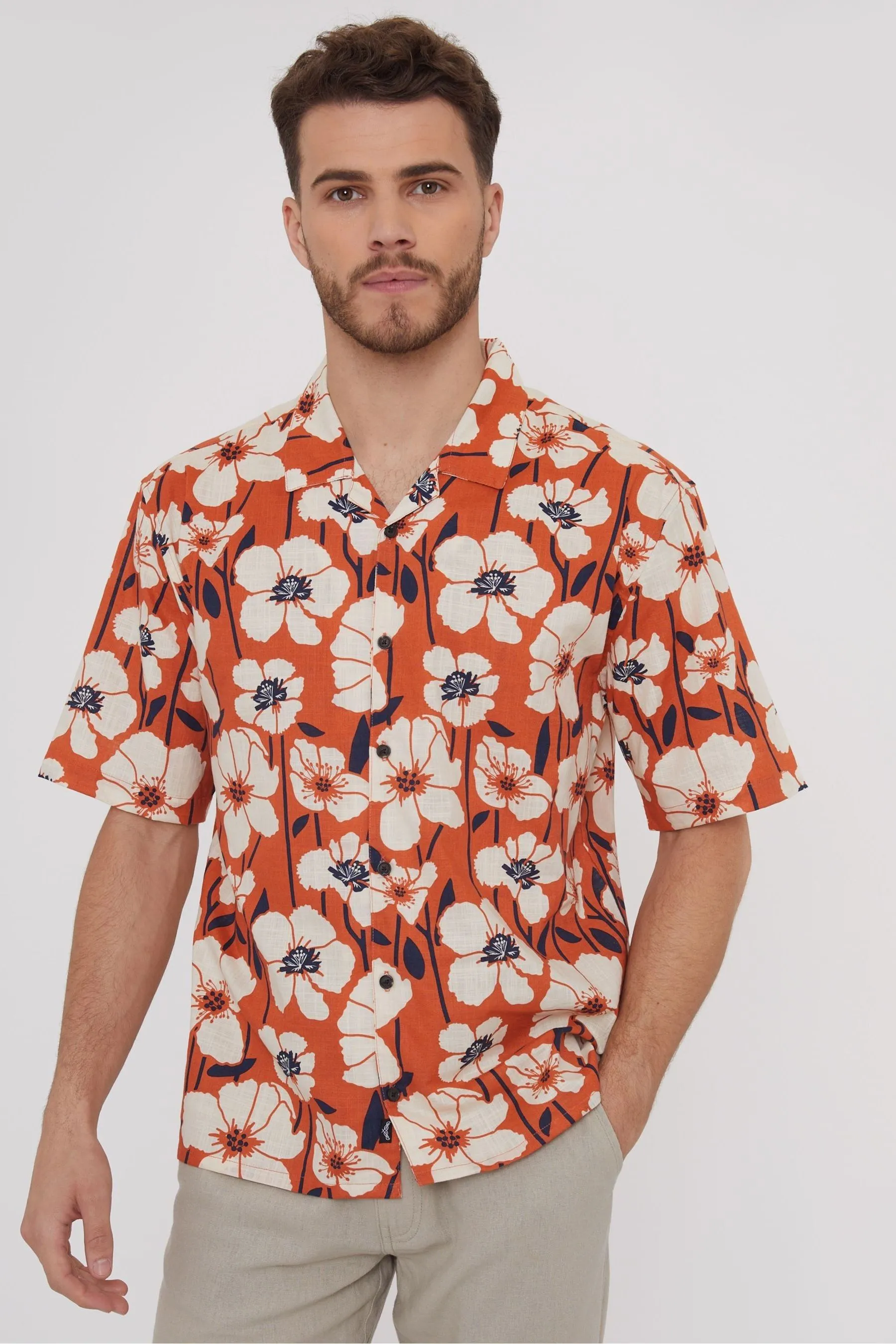 Threadbare 100% Cotone Maniche corte Camicia in Misto Lino a Righe    