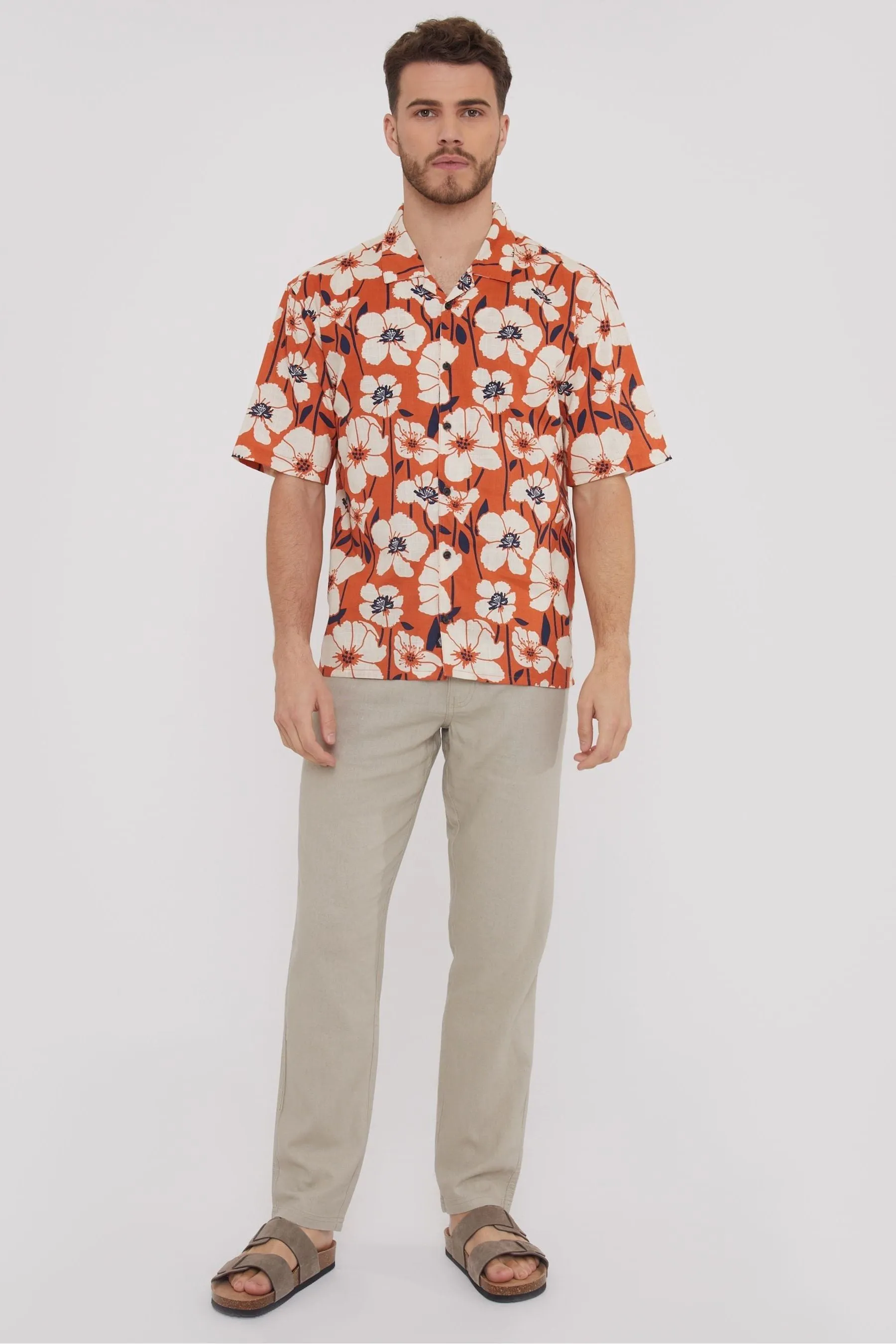 Threadbare 100% Cotone Maniche corte Camicia in Misto Lino a Righe    
