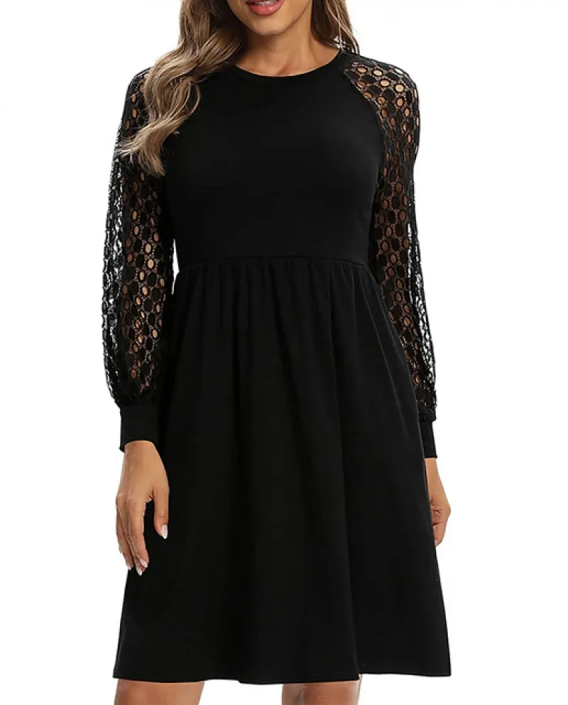 Vestito da moda Donna Primavera Autunno Casual Nero O Collo Manica lunga Pizzo Abiti eleganti da festa per le donne Robe Femme
