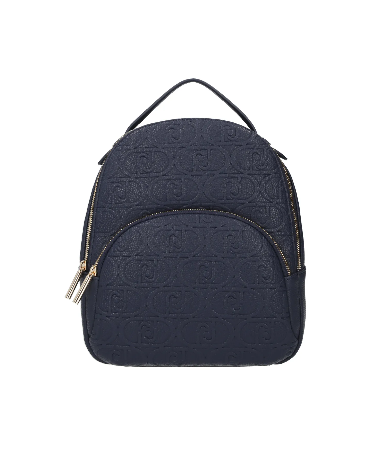 Zaino blu in similpelle a motivo monogram a rilievo in tono con tasca esterna frontale con chiusura a cerniera